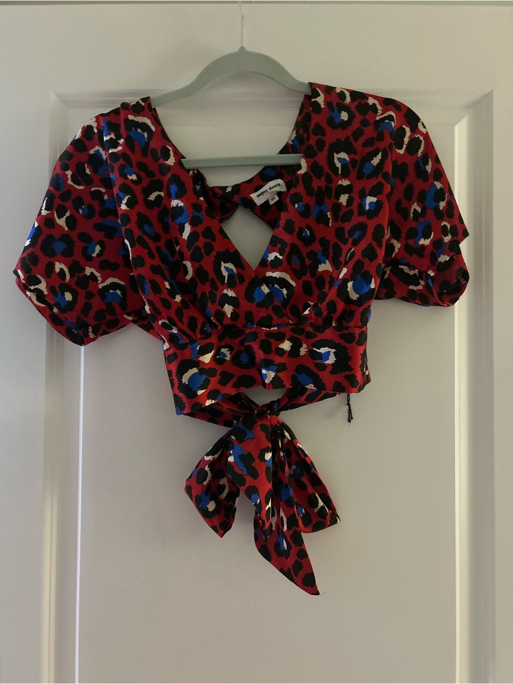 superdown Red Leopard Tie-Front Crop Top with Blue Accents